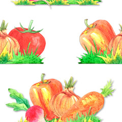 Seamless watercolor pattern vegetable composition on a white background