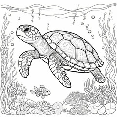 Underwater Turtle - Adult Coloring Book Page with Detailed Marine Elements