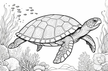 Underwater Turtle - Adult Coloring Book Page with Detailed Marine Elements