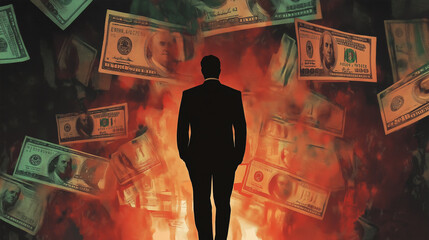 International Anti-Corruption Day. A silhouetted man in a suit stands against a backdrop of floating dollar bills and flames, symbolizing the destructive allure of wealth and corruption.