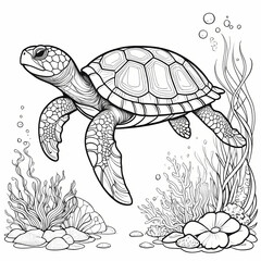 Underwater Turtle - Adult Coloring Book Page with Detailed Marine Elements