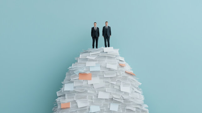 Two businessmen stand atop a towering pile of documents, symbolizing the overwhelming nature of bureaucracy, paperwork, and corporate responsibility. International Anti-Corruption Day