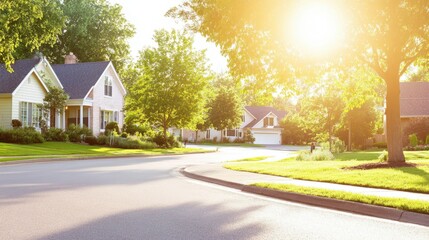 Sunny residential street lined with trees and houses, capturing the warmth of a peaceful neighborhood during a bright summer day.