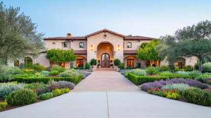 Elegant Mediterranean-style mansion surrounded by lush gardens and colorful landscaping, creating a luxurious and serene atmosphere.