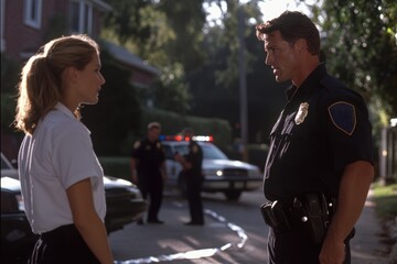 Two police officers engaged in conversation on a residential street with patrol cars and flashing lights, conveying a sense of urgency and professionalism.
