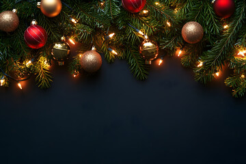 Christmas background. background of fir branches and cones with lights and New Year's toys