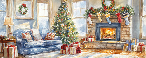 Watercolor Christmas family gathering, bright living room, holiday cheer presents, tree, cozy stockings fireplace