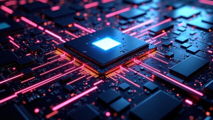Fototapeta premium Close up of illuminated microchip with blue core and pink circuitry on motherboard 