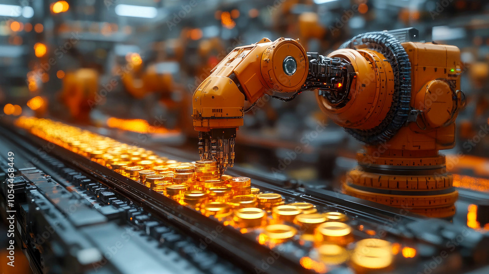 Poster a futuristic robotic arm assembling glowing coins on a high-tech production line in an industrial fa
