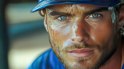 A close-up portrait of a baseball player’s intense expression, his face covered in sweat and water droplets from the game