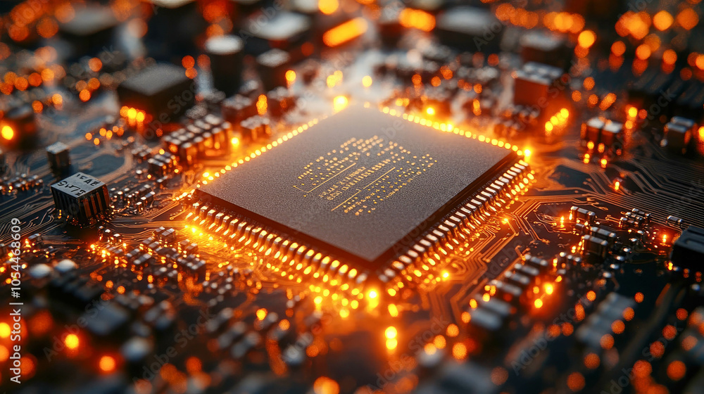 Poster close-up view of a glowing computer chip on a detailed circuit board, showcasing advanced technology