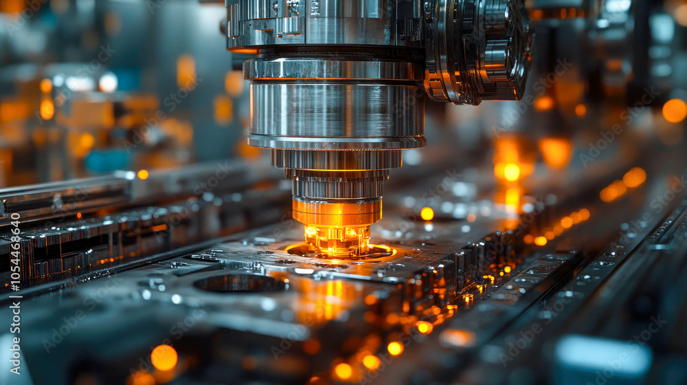 Aufkleber high-precision computer-controlled machinery operating in an industrial setting with intense lightin