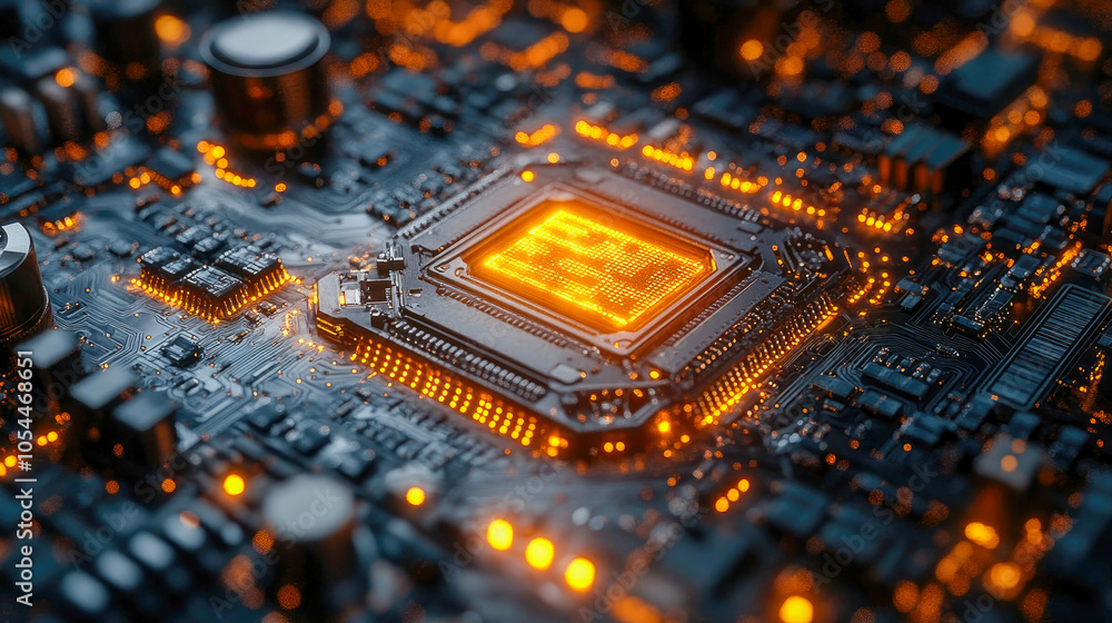 Poster detailed close-up of a computer chip on a circuit board with orange lights, representing modern tech
