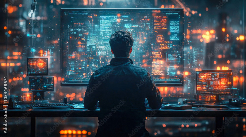 Poster man facing multiple computer screens with glowing data, representing cybersecurity, analysis, and di