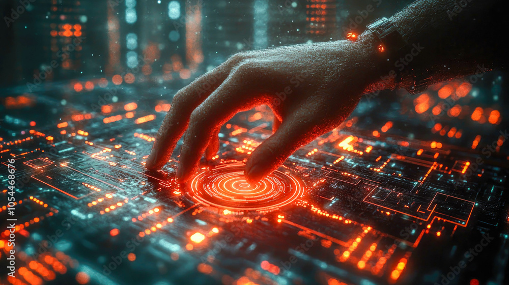 Poster close-up of a hand interacting with a digital surface with glowing data points, symbolizing technolo