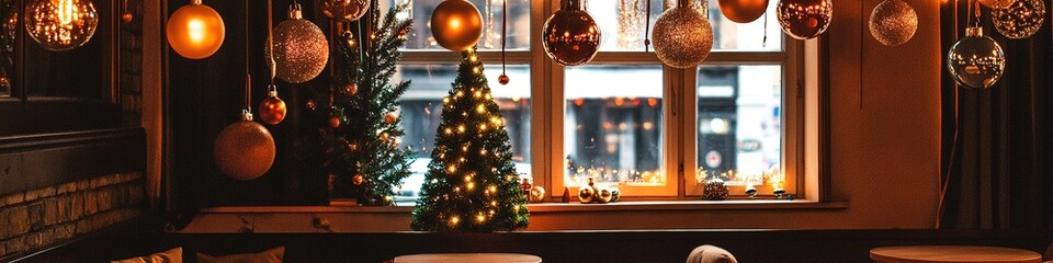 Cozy Christmas window scene with festive lights and tree