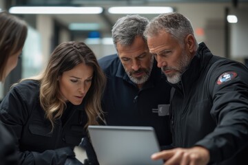 A diverse team, comprising two men and a woman, intensely review data on a laptop screen, depicting teamwork, concentration, and problem-solving in a modern office.