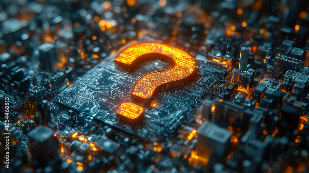 Aufkleber a digital question mark floating above a holographic circuit board background, symbolizing queries, 