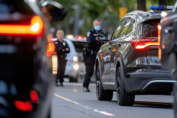 Fototapeta premium A police officer in uniform conducts a routine traffic stop on a bustling road, creating a respectful interaction amidst busy cityscape and evening lights.