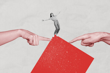Composite photo collage of astonished girl fall figure shape hands colleagues support help index...