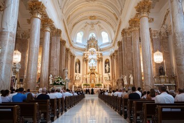 Fototapeta premium The interior of an impressive cathedral depicted with majestic columns and ornate details, showcasing grandeur and spiritual ambiance, evoking awe and devotion.