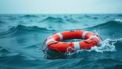 Fototapeta premium Lifebuoy floating on rough sea offering hope and rescue