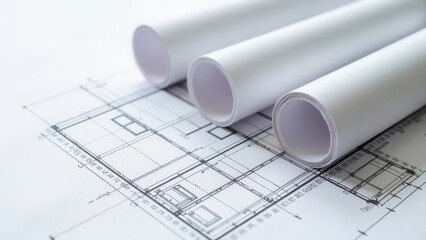 Rolled blueprints are lying on unfolded construction plans, showing architectural project of a house, providing insights into design and planning process