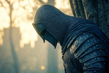 Knight standing solemnly by an oak tree at twilight with armor illuminated by fading light in a serene forest setting
