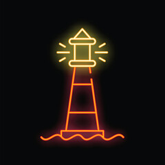 Neon illustration of a lighthouse shining a light beam over water at night