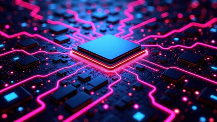 Close up of glowing blue microchip with pink circuitry on motherboard	