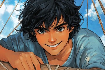 Fototapeta premium A cheerful young pirate smiles invitingly while relaxed on the ships railing under a bright blue sky