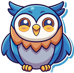 Cute cartoon illustration of a blue owl with big eyes and a cheerful smile. Perfect for children's books, apparel.