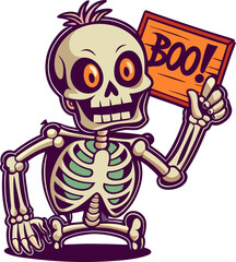 A cheerful skeleton cartoon holding a sign saying 