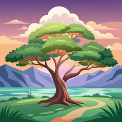 A serene landscape with a lone tree standing tall in the foreground, its branches reaching towards a colorful sunset sky. The mountains in the background are softened by a hazy mist.