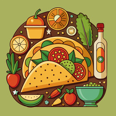 A vibrant illustration showcasing a delicious taco filled with fresh ingredients like tomatoes, lettuce, and avocado. Perfect for culinary-themed projects, menus, or food-related designs.