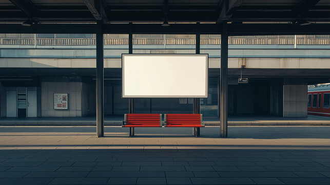 Empty advertising billboard mockup on a railway station platform with two red benches, early morning