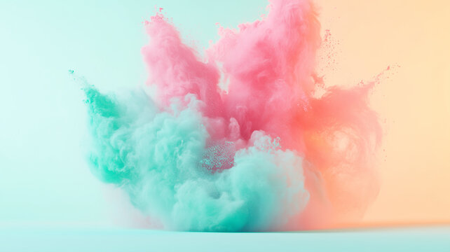 Explosion of pastel colored powders on a neutral mint colored background | Useful for abstract backgrounds, product photography and screens