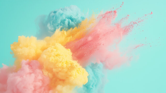 Explosion of pastel colored powders on a neutral mint colored background | Useful for abstract backgrounds, product photography and screens