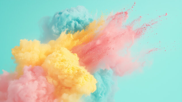 Explosion of pastel colored powders on a neutral mint colored background | Useful for abstract backgrounds, product photography and screens