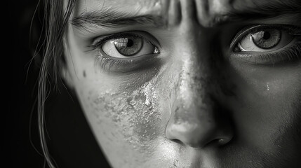 Obraz premium Close-up black and white portrait of a young woman with dry skin, frowning and showing skin problems
