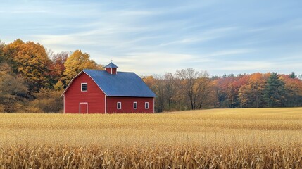 Obraz premium A red barn with a blue roof stands in a field of corn stalks with fall foliage in the background.