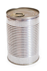 Round Unopened Tin Can Isolated on White Background. Canned Food. Aluminum Can for Safe and Long Term Storage of Food. Steel Sealed Food Storage Container - Isolation