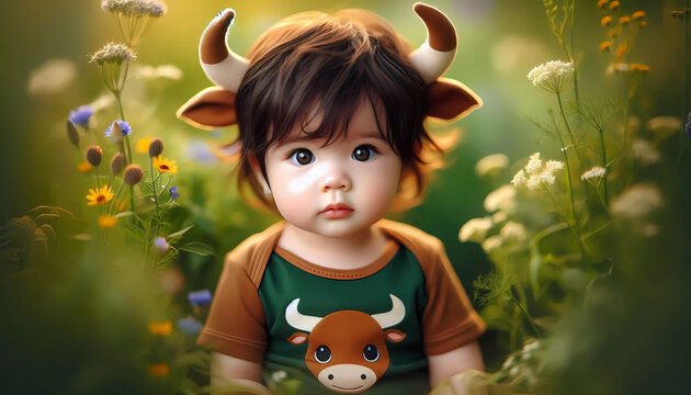 Beb&ecirc; Gentil com Chifres de Touro em Ambiente Natural Signo do Zod&iacute;aco de touro