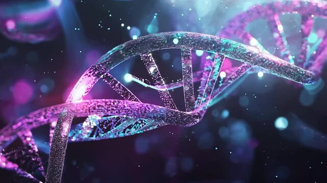 Glowing DNA Helix: Abstract 3D rendering of a DNA double helix, illuminated with vibrant purple and blue hues, set against a dark, bokeh background.  The image evokes mystery, science.