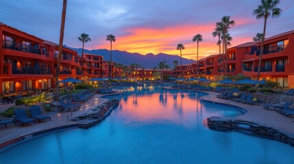 Naklejka premium A resort pool with red buildings, palm trees, and a stunning sunset over mountains.