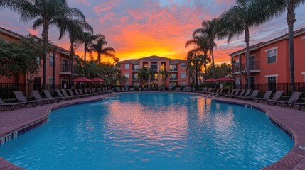 A resort-style pool with palm trees and a vibrant sunset sky.