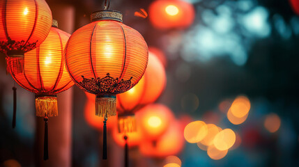 Obraz premium Chinese lanterns glowing in the evening light close up