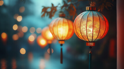 Obraz premium Chinese lanterns glowing in the evening light close up