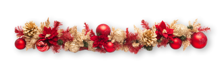 Festive Christmas Garland with Red Ornaments and Golden Pine Cones