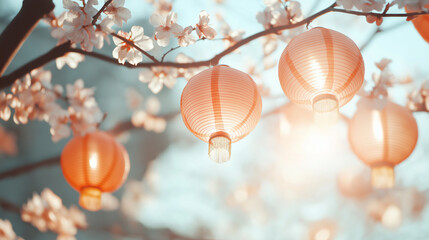 Obraz premium Chinese lanterns glowing in the evening light close up